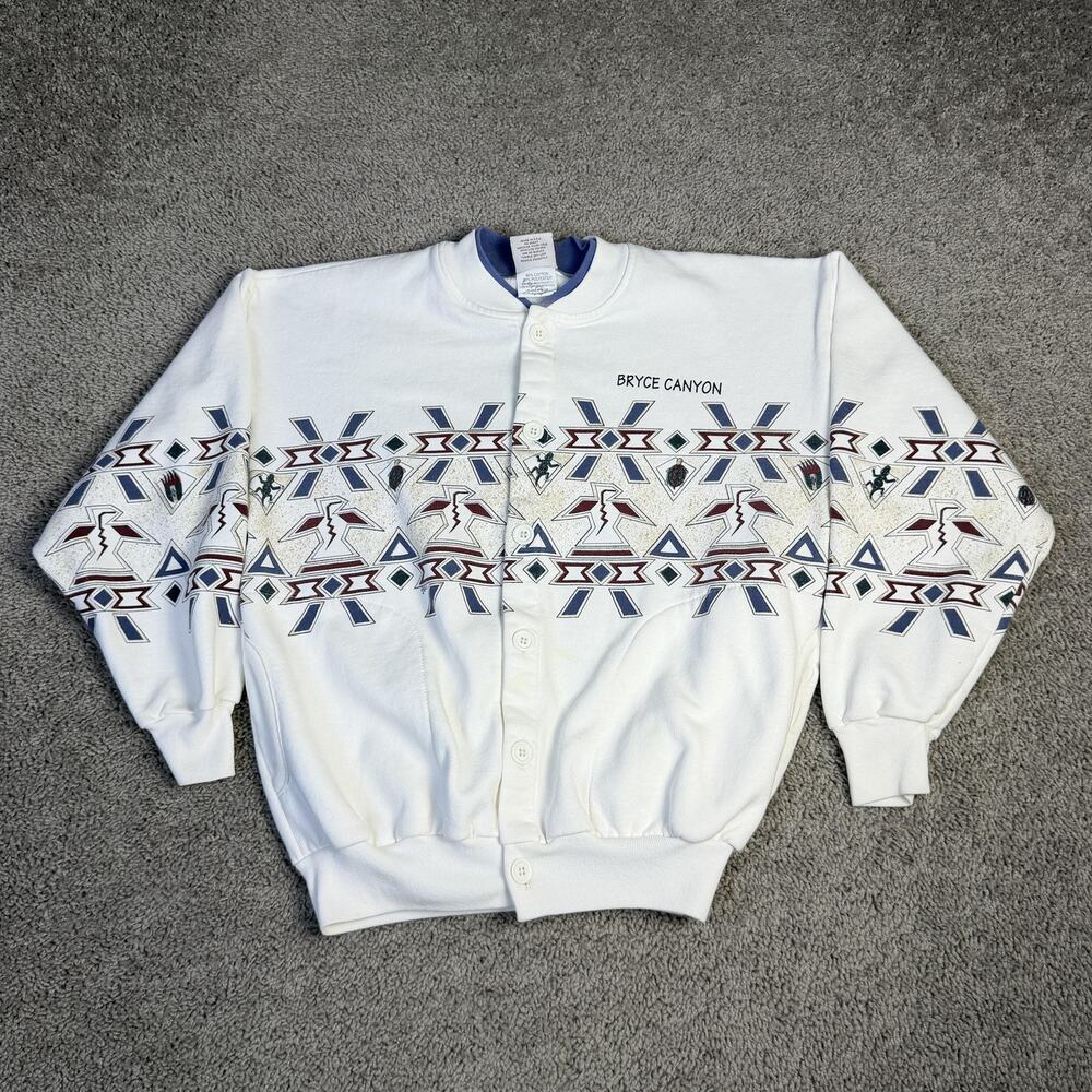 Vintage Art Unlimited Sportswear Sweater Mens M White Cardigan Tribal Print 90s